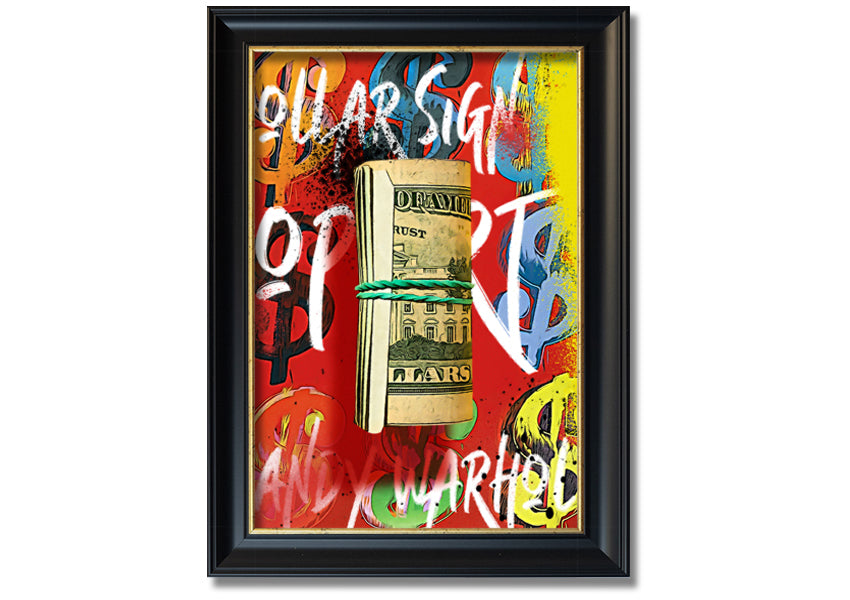 Andy Warhol Dollar Bill Rolled artwork on coated polyester canvas, framed in a 44mm box frame, ready to hang.