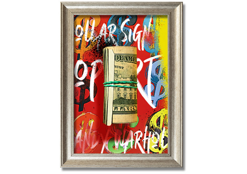 Andy Warhol Dollar Bill Rolled artwork on coated polyester canvas, framed in a 44mm box frame, ready to hang.