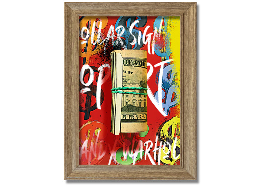 Andy Warhol Dollar Bill Rolled artwork on coated polyester canvas, framed in a 44mm box frame, ready to hang.