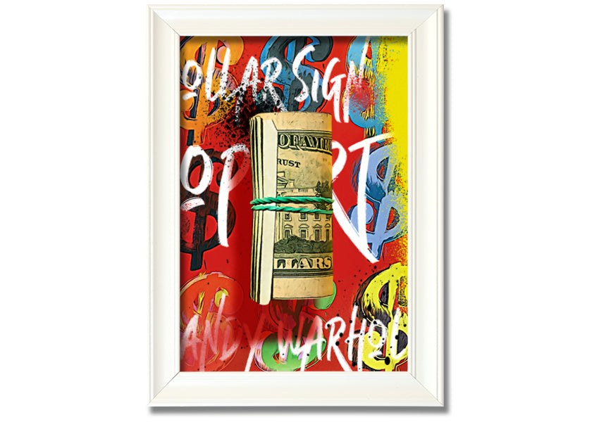 Andy Warhol Dollar Bill Rolled artwork on coated polyester canvas, framed in a 44mm box frame, ready to hang.