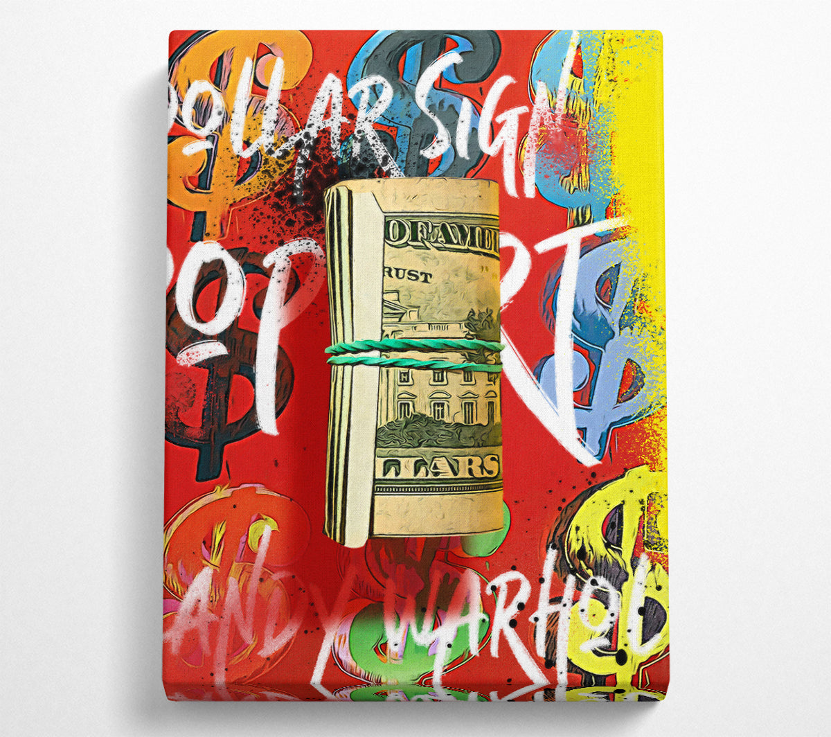 Andy Warhol Dollar Bill Rolled artwork on coated polyester canvas, mounted on a 44mm box frame, ready to hang.