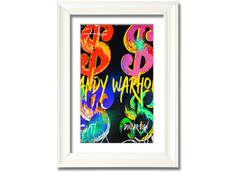 Andy Warhol Dollars art piece printed on coated polyester canvas, mounted on a 44mm box frame, ready to hang.