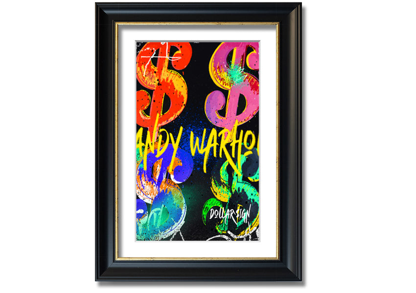 Andy Warhol Dollars art piece printed on coated polyester canvas, mounted on a 44mm box frame, ready to hang.