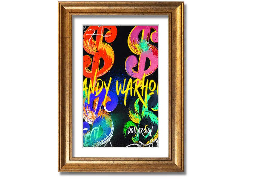 Andy Warhol Dollars art piece printed on coated polyester canvas, mounted on a 44mm box frame, ready to hang.