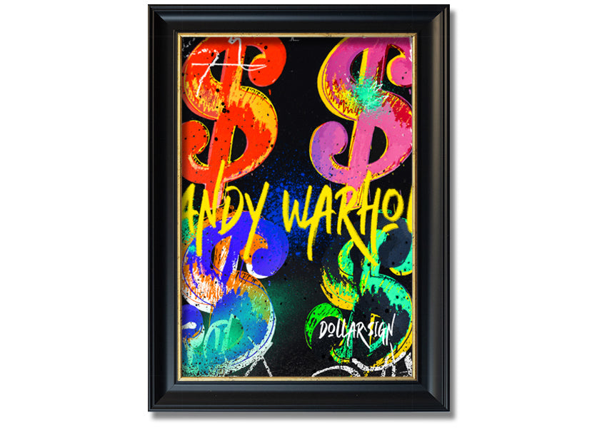 Andy Warhol Dollars art piece printed on coated polyester canvas, mounted on a 44mm box frame, ready to hang.