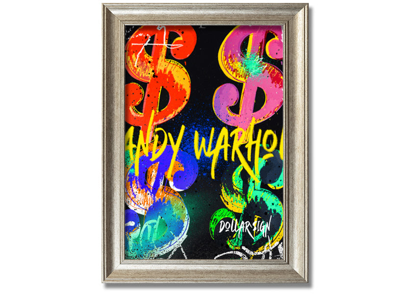 Andy Warhol Dollars art piece printed on coated polyester canvas, mounted on a 44mm box frame, ready to hang.