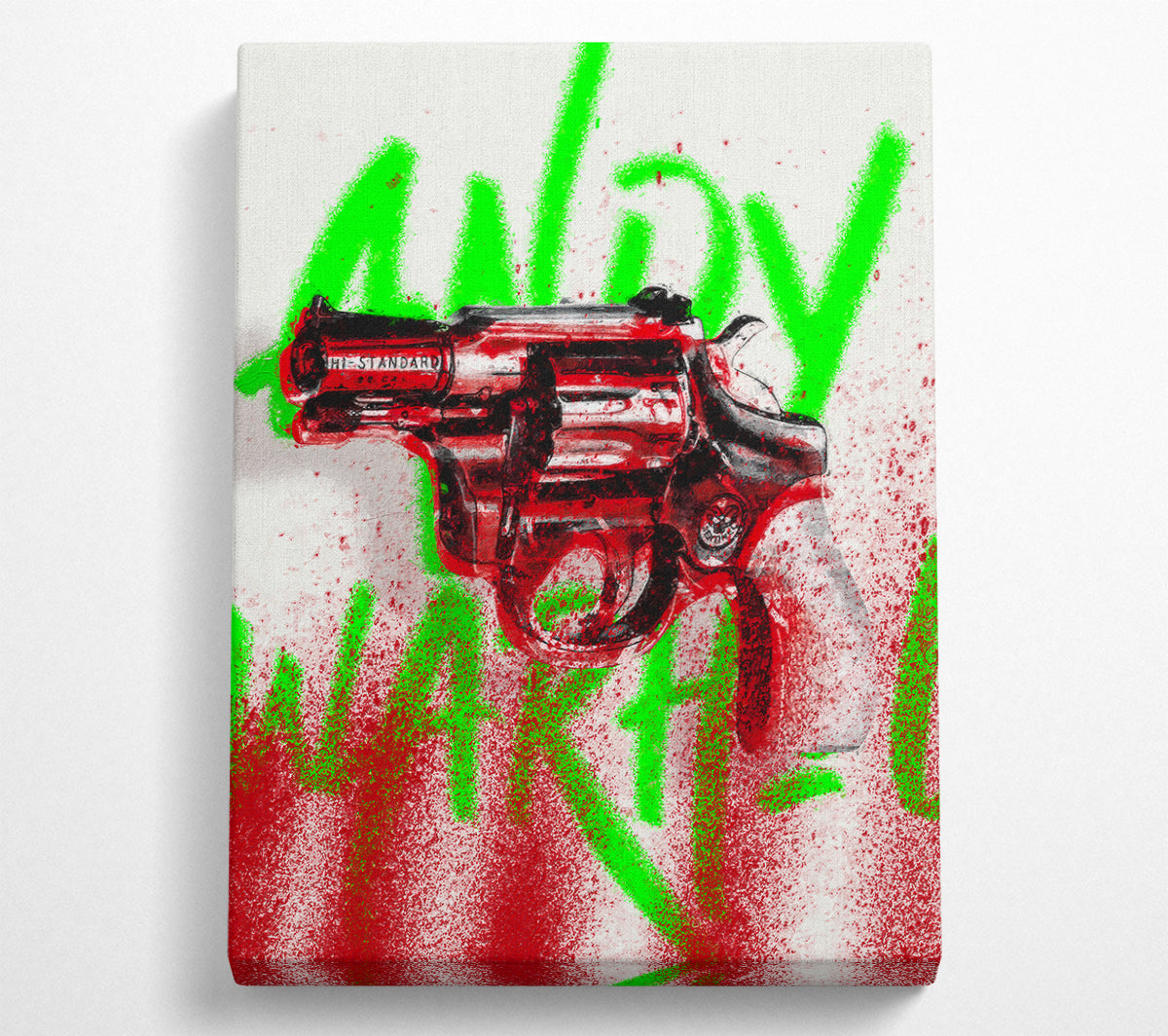 Andy Warhol Gun artwork printed on coated polyester canvas, mounted on a 44mm box frame, ready to hang.