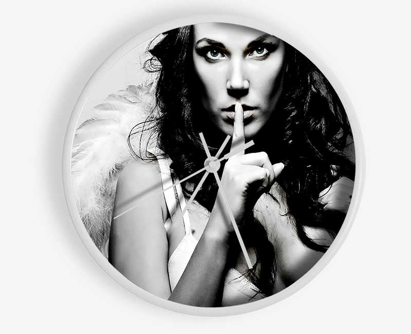 A stylish Angel Beauty clock made from natural bamboo, featuring a round face, clear Plexiglas lens, and available in black, white, or natural frame colors.