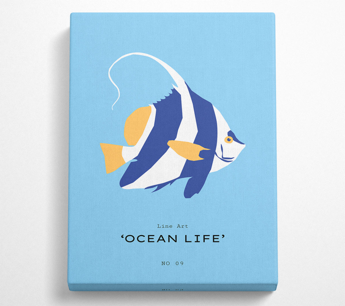 A vibrant blue and white Angel Fish artwork printed on canvas, mounted on a sturdy box frame, ready to hang.