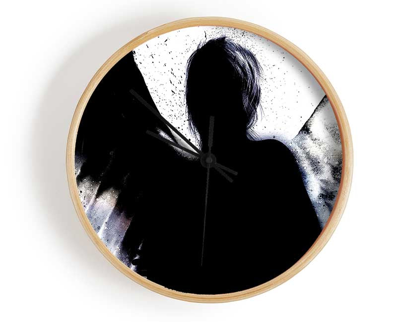 Angel Shadow clock made from natural bamboo with a round face, available in black, white, and natural frame colors.