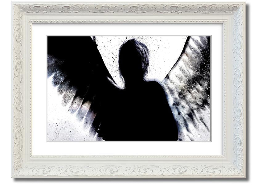 Angel Shadow framed print showcasing intricate design and multiple frame colour options, ready to hang.