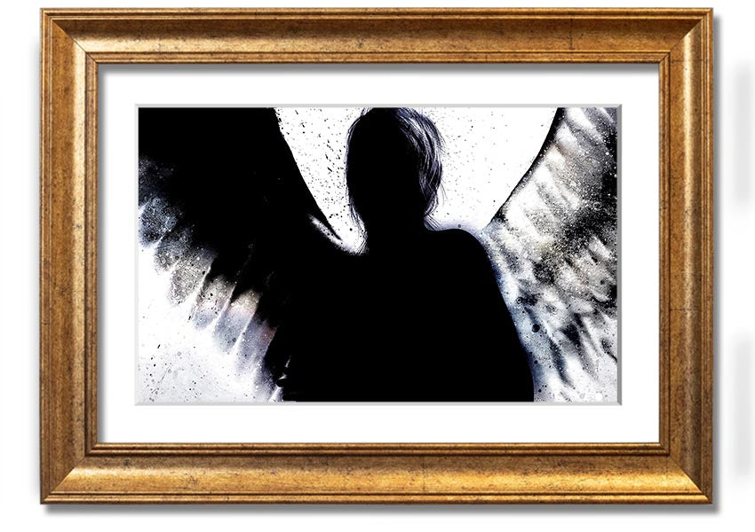 Angel Shadow framed print showcasing intricate design and multiple frame colour options, ready to hang.