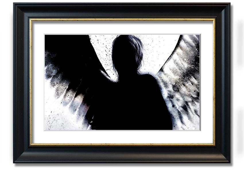 Angel Shadow framed print showcasing intricate design and multiple frame colour options, ready to hang.