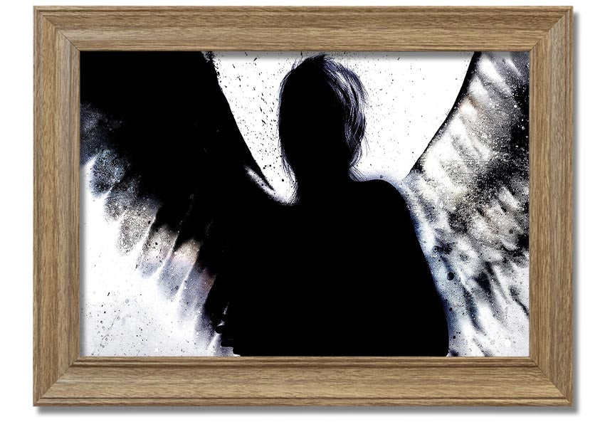 Angel Shadow framed print showcasing intricate design and multiple frame colour options, ready to hang.