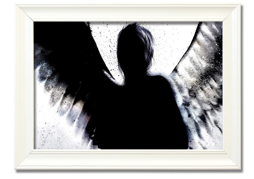 Angel Shadow framed print showcasing intricate design and multiple frame colour options, ready to hang.