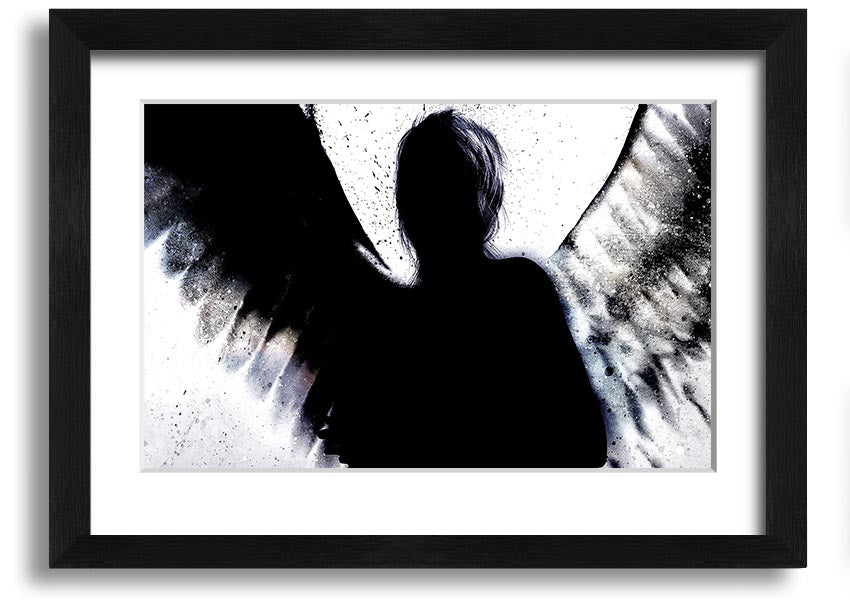 Angel Shadow framed print showcasing intricate design and multiple frame colour options, ready to hang.