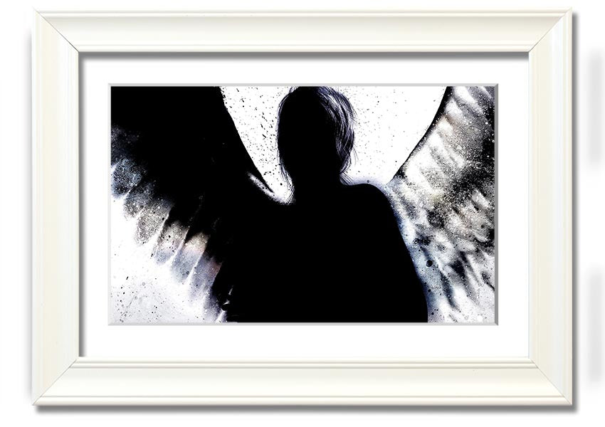 Angel Shadow framed print showcasing intricate design and multiple frame colour options, ready to hang.