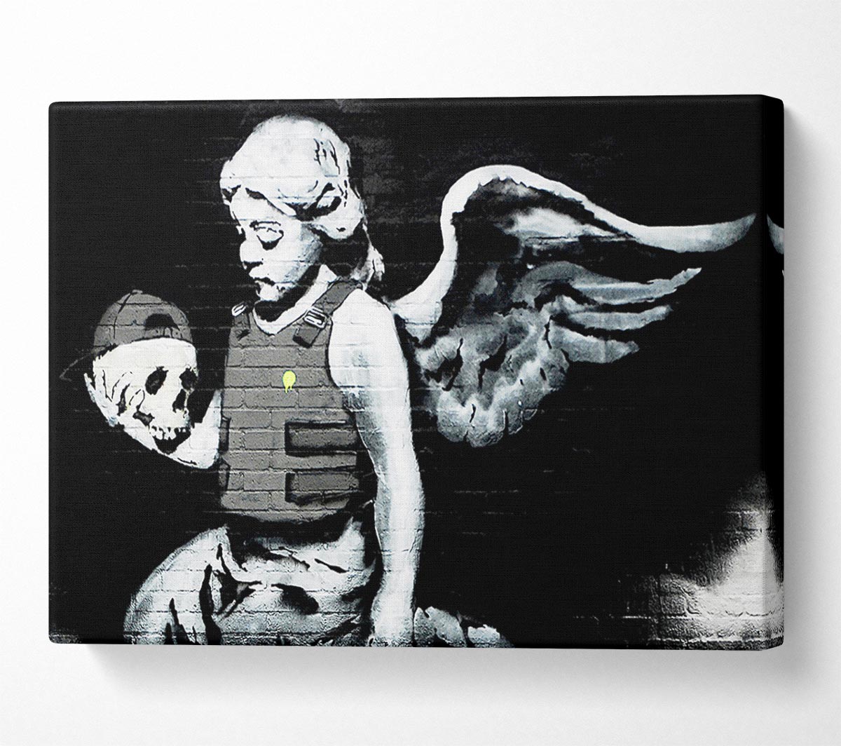 A striking Angel Skull canvas art piece mounted on a box frame, showcasing intricate details and vibrant colors.