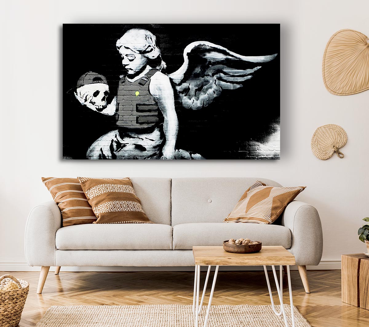 A striking Angel Skull canvas art piece mounted on a box frame, showcasing intricate details and vibrant colors.