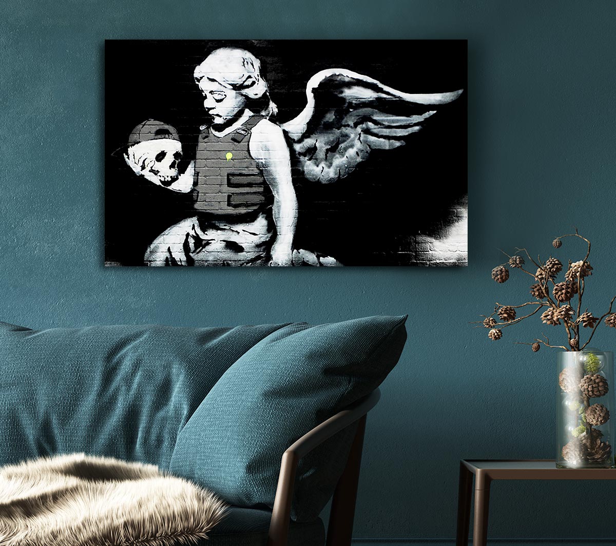 A striking Angel Skull canvas art piece mounted on a box frame, showcasing intricate details and vibrant colors.