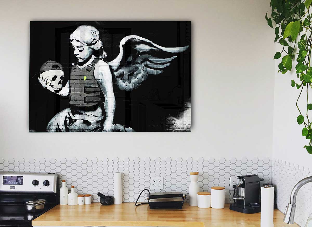 A modern glass print featuring an angel skull design, showcasing intricate details and vibrant colors, perfect for stylish home decor.