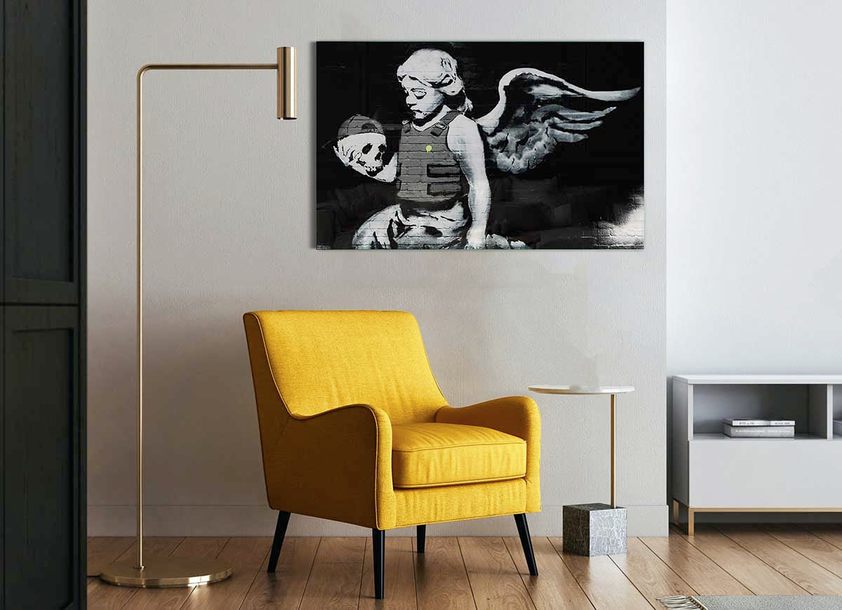 A modern glass print featuring an angel skull design, showcasing intricate details and vibrant colors, perfect for stylish home decor.