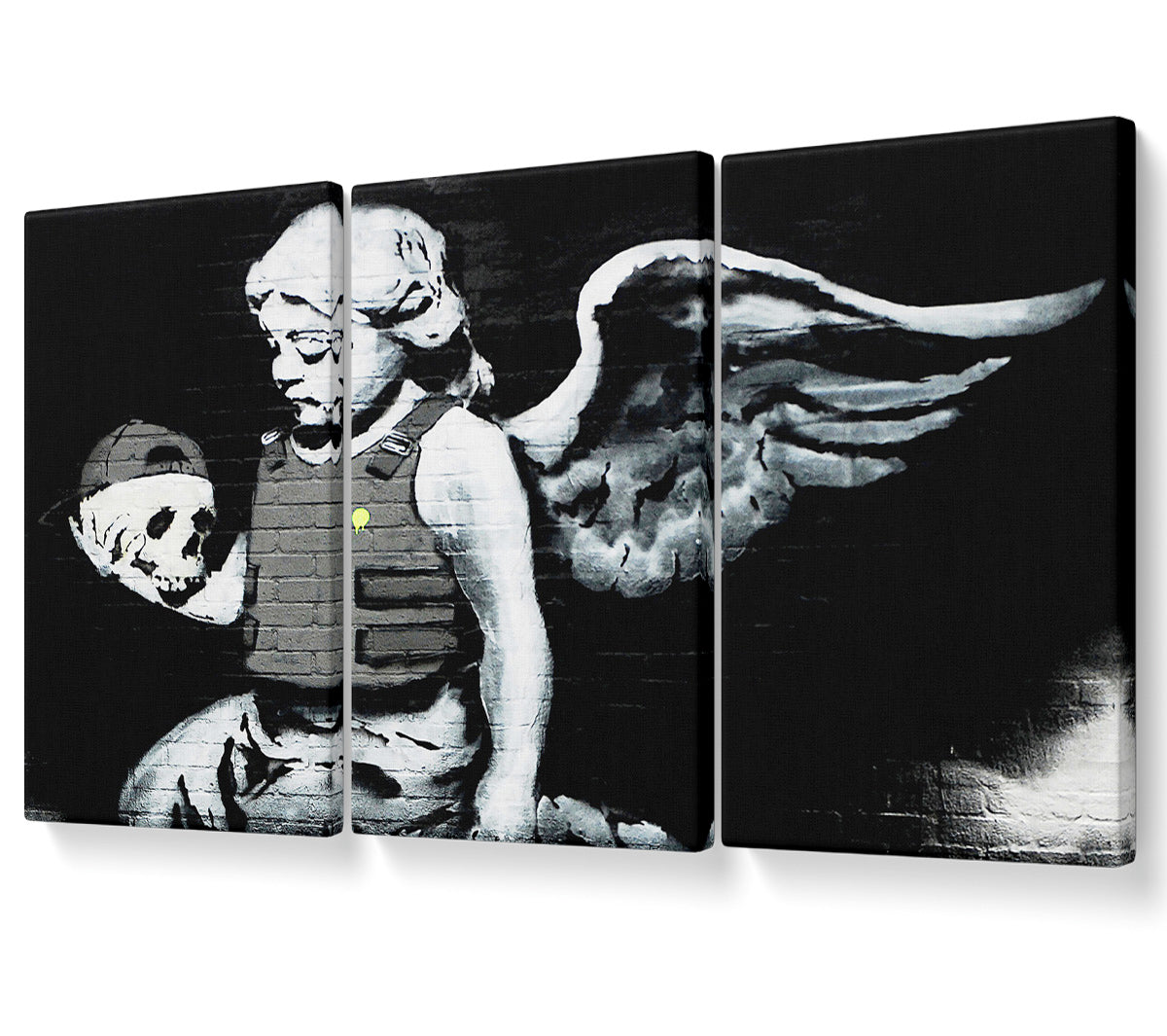 A beautifully designed Angel Skull canvas art piece mounted on a box frame, showcasing intricate details and vibrant colors.