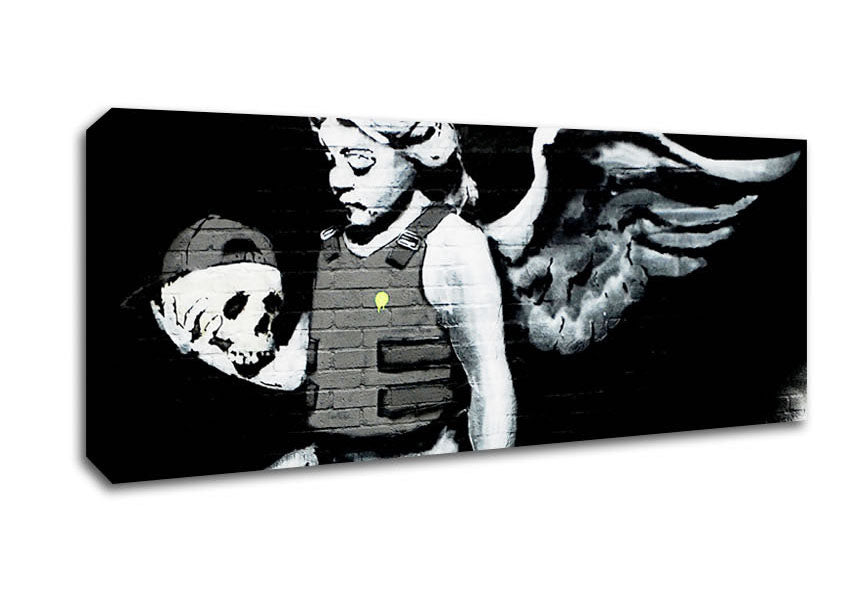 A vibrant Angel Skull canvas art piece mounted on a sturdy frame, showcasing intricate details and colors.