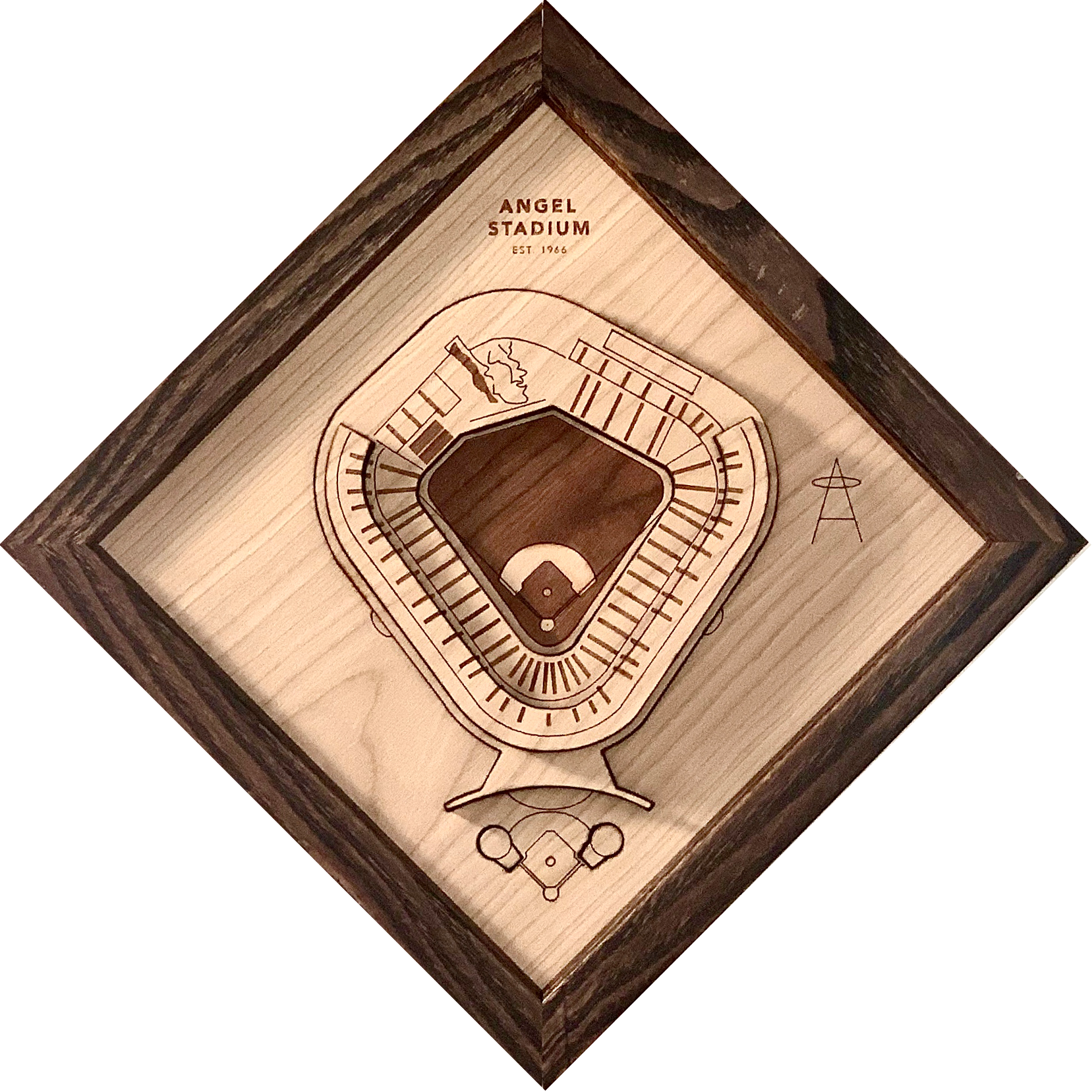 Angel Stadium wall art made from premium hardwoods, featuring intricate laser-cut design and a black walnut frame, ready to hang.