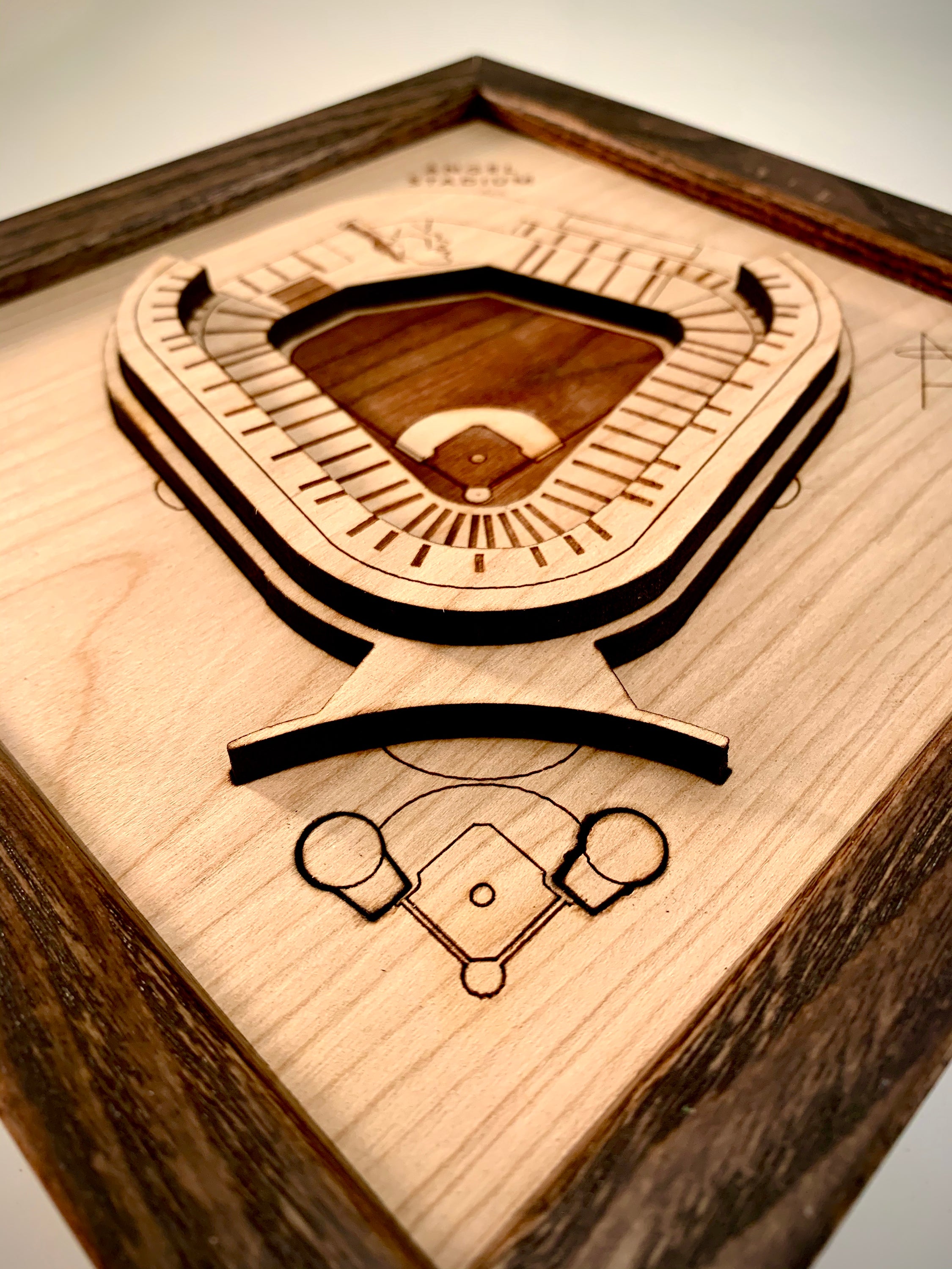 Angel Stadium wall art made from premium hardwoods, featuring intricate laser-cut design and a black walnut frame, ready to hang.