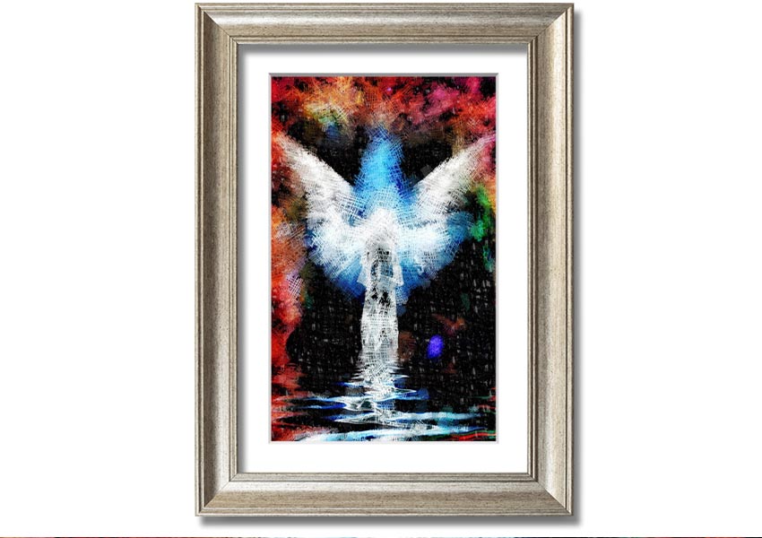 Abstract angel painting in silver frame.