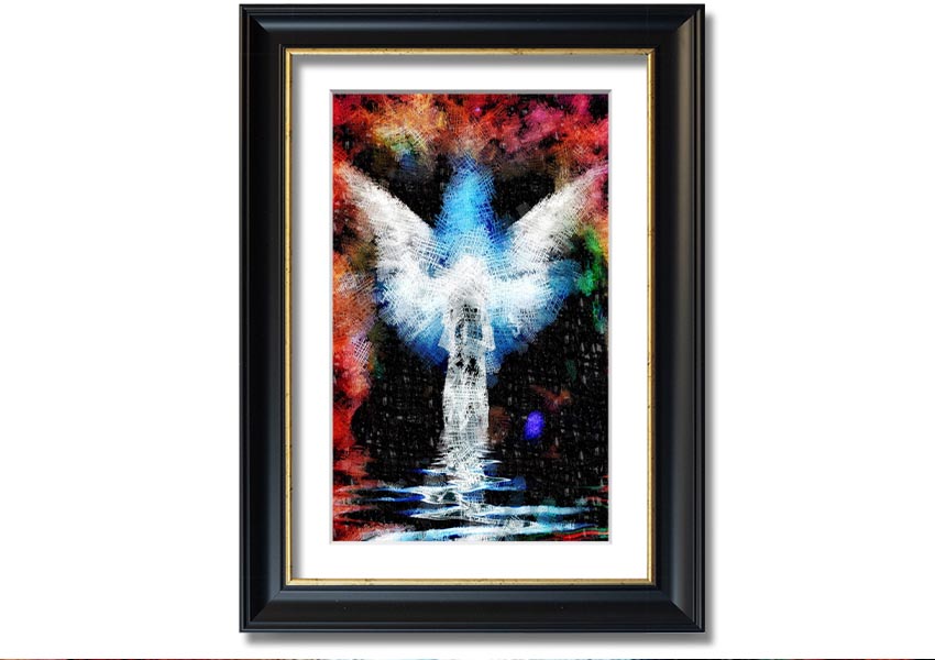 Abstract angel artwork in frame.