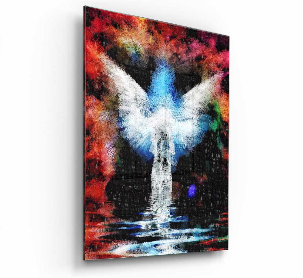 Angel Vision glass print featuring modern design and vibrant colors, perfect for home decor.