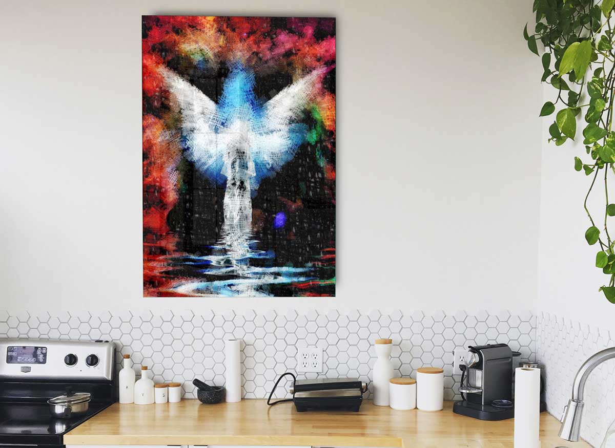 Angel Vision glass print featuring modern design and vibrant colors, perfect for home decor.