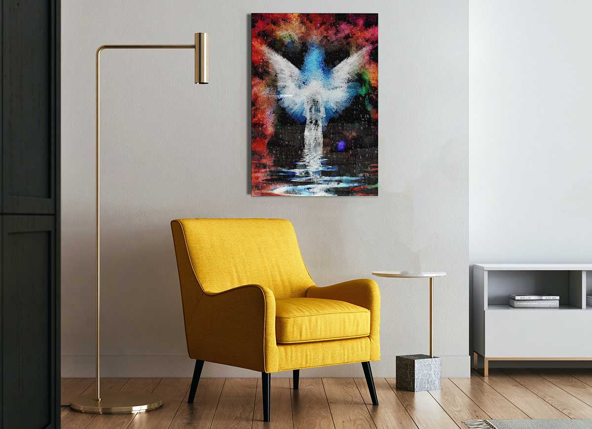 Angel Vision glass print featuring modern design and vibrant colors, perfect for home decor.