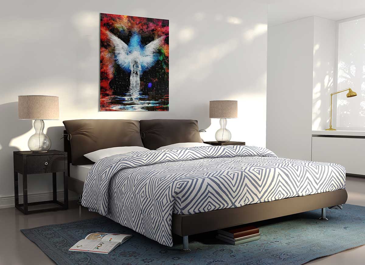 Angel Vision glass print featuring modern design and vibrant colors, perfect for home decor.