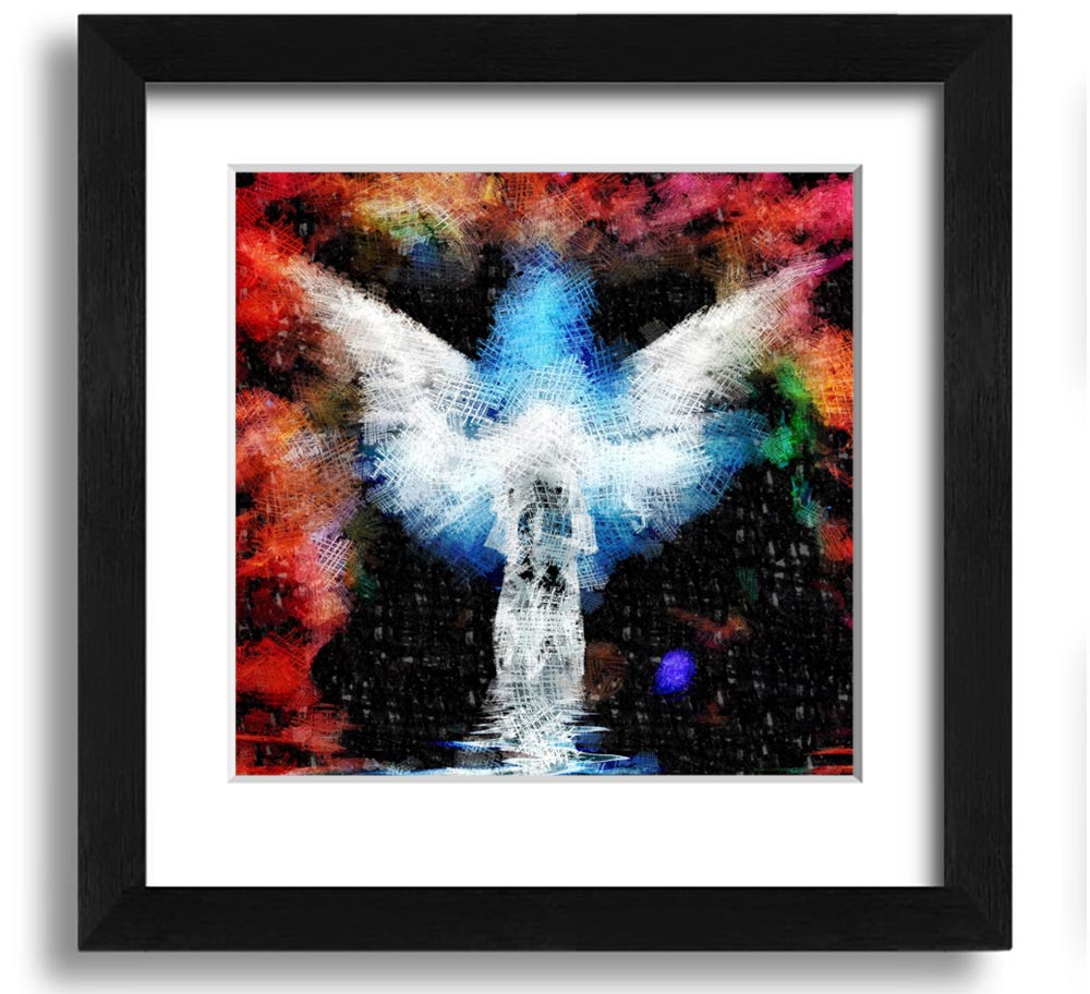 Angel Vision Square Framed Print in various frame colours, showcasing elegant design and handmade craftsmanship.