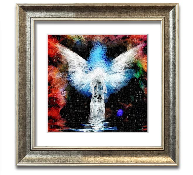 Angel Vision Square Framed Print in various frame colours, showcasing elegant design and handmade craftsmanship.