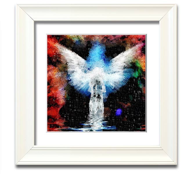 Angel Vision Square Framed Print in various frame colours, showcasing elegant design and handmade craftsmanship.