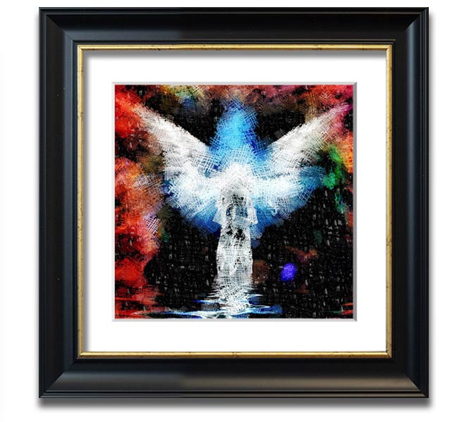 Angel Vision Square Framed Print in various frame colours, showcasing elegant design and handmade craftsmanship.