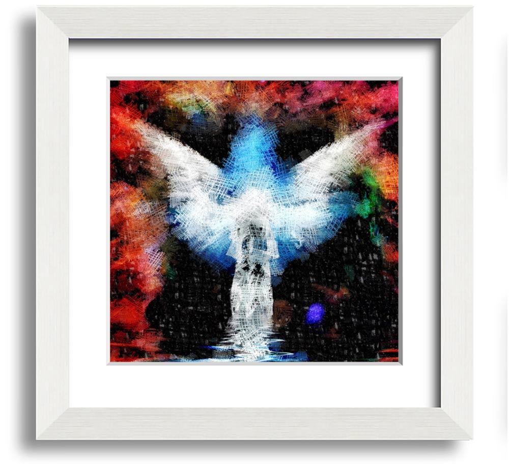 Angel Vision Square Framed Print in various frame colours, showcasing elegant design and handmade craftsmanship.