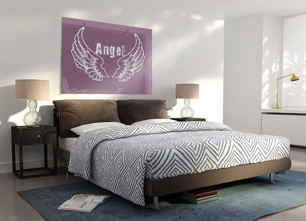 Angel Wings 2 Dusty Pink glass print featuring delicate angel wing design in soft pink tones, perfect for modern home decor.