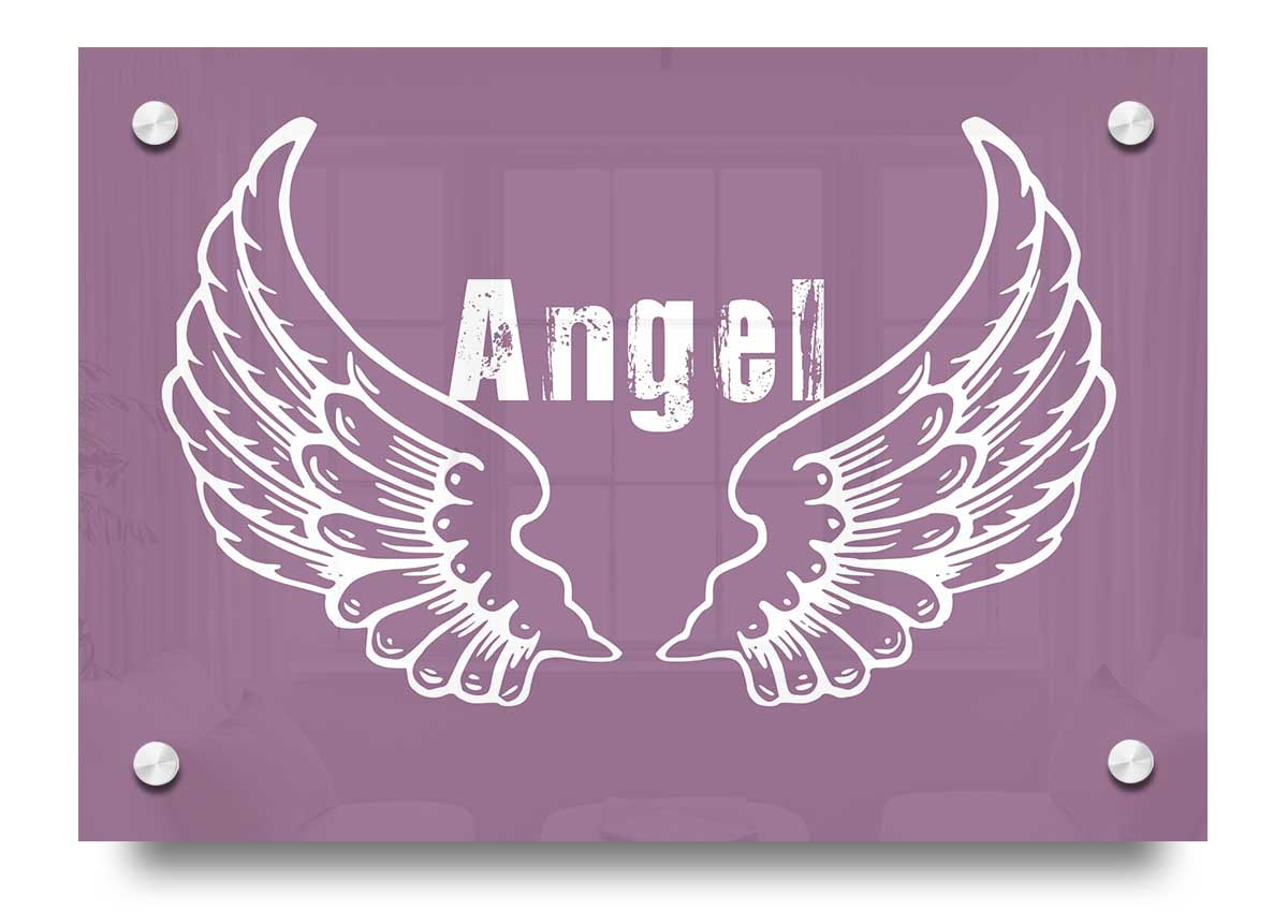 Angel Wings 2 Dusty Pink acrylic print on a wall, showcasing its elegant design and vibrant colors.