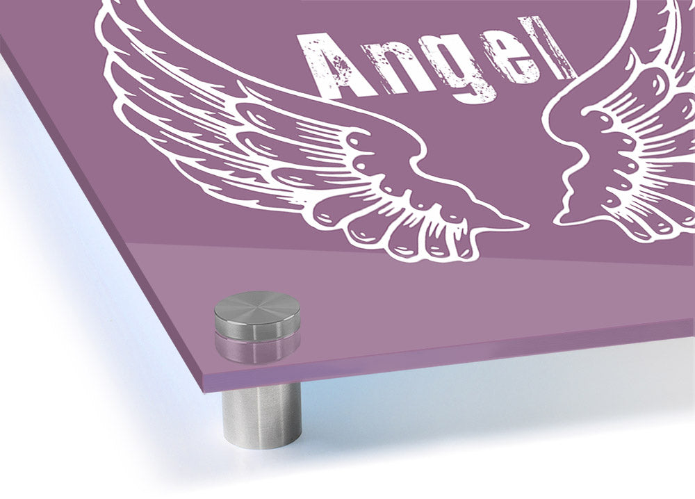 Angel Wings 2 Dusty Pink acrylic print on a wall, showcasing its elegant design and vibrant colors.