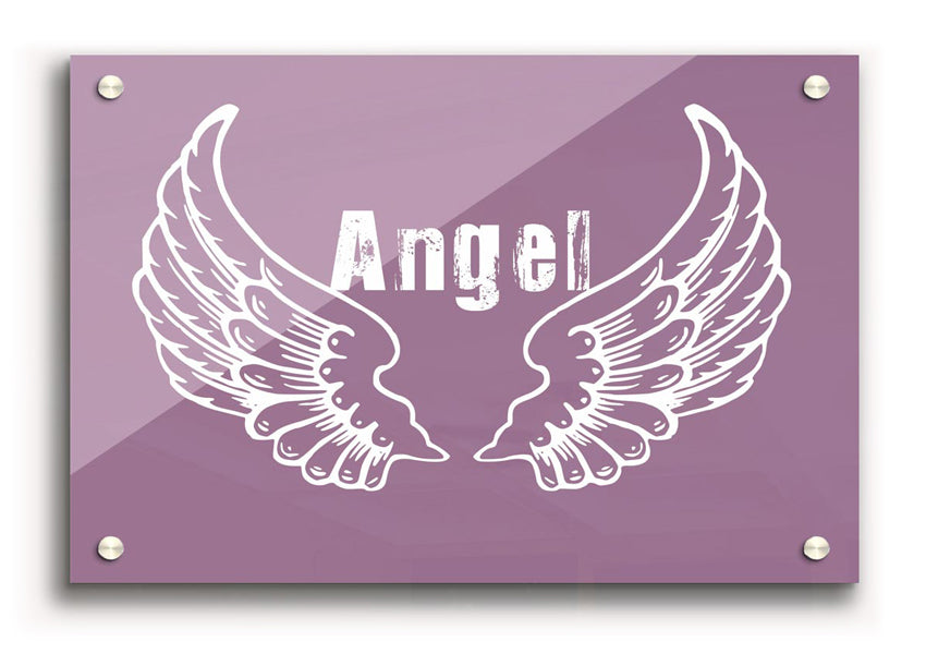 Angel Wings 2 Dusty Pink acrylic print on a wall, showcasing its elegant design and vibrant colors.