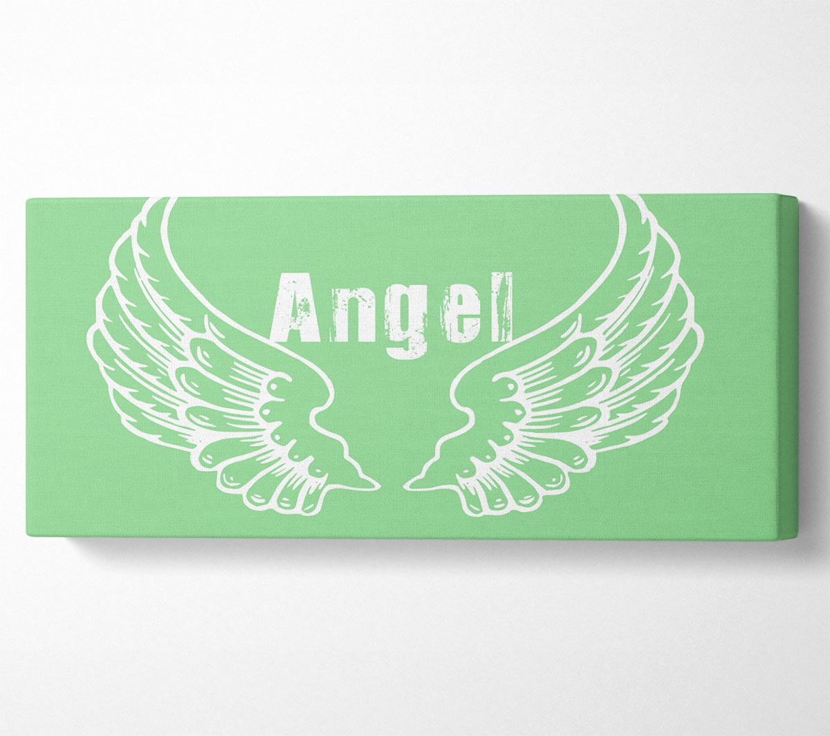 Angel Wings 2 Green canvas art mounted on a 44mm box frame, featuring vibrant green colors and intricate wing details.