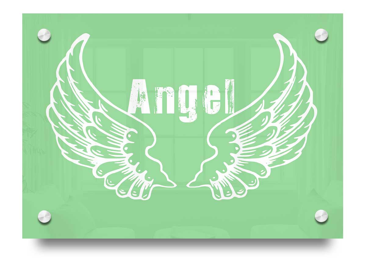 Angel Wings 2 Green acrylic print featuring vibrant green wings on clear acrylic glass, ready to hang.