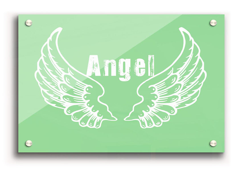 Angel Wings 2 Green acrylic print featuring vibrant green wings on clear acrylic glass, ready to hang.