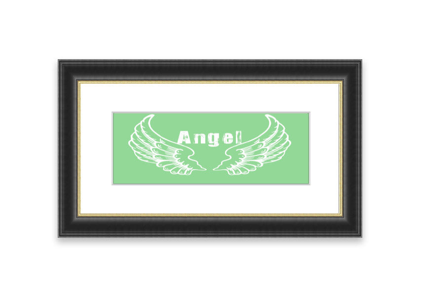 Framed print of Angel Wings 2 Green design, showcasing delicate wings in soothing green tones, ready to hang.