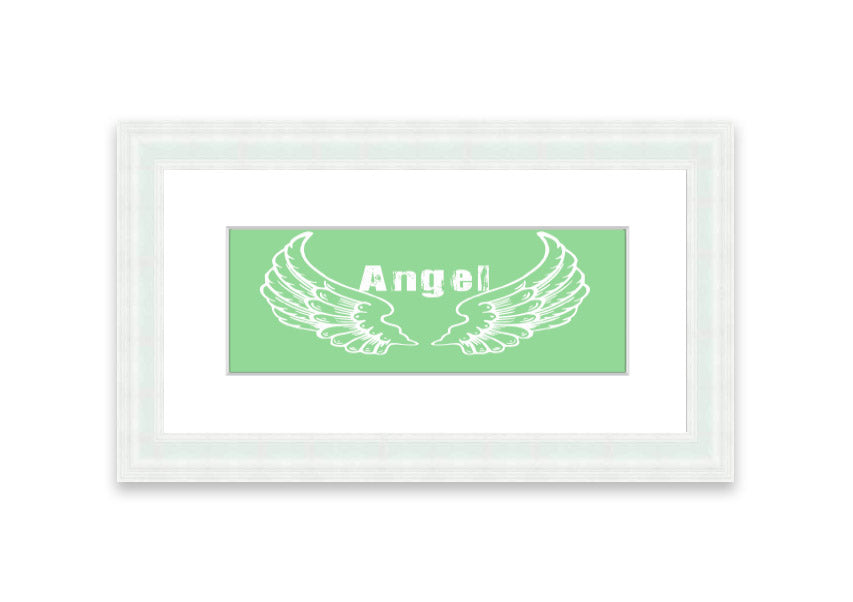 Framed print of Angel Wings 2 Green design, showcasing delicate wings in soothing green tones, ready to hang.